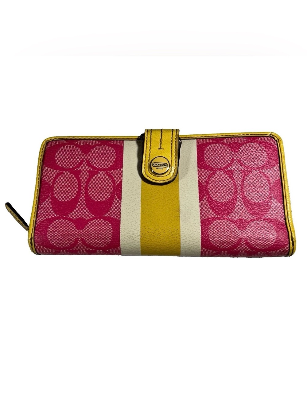 Coach Pink Signature Wallet with Yellow and Cream Stripe